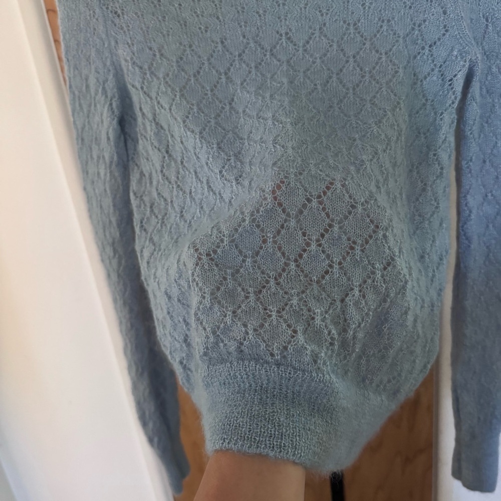 Sandro Pointelle Decorative Mohair Silk Blue open Knit sweater size small - Picture 6 of 10